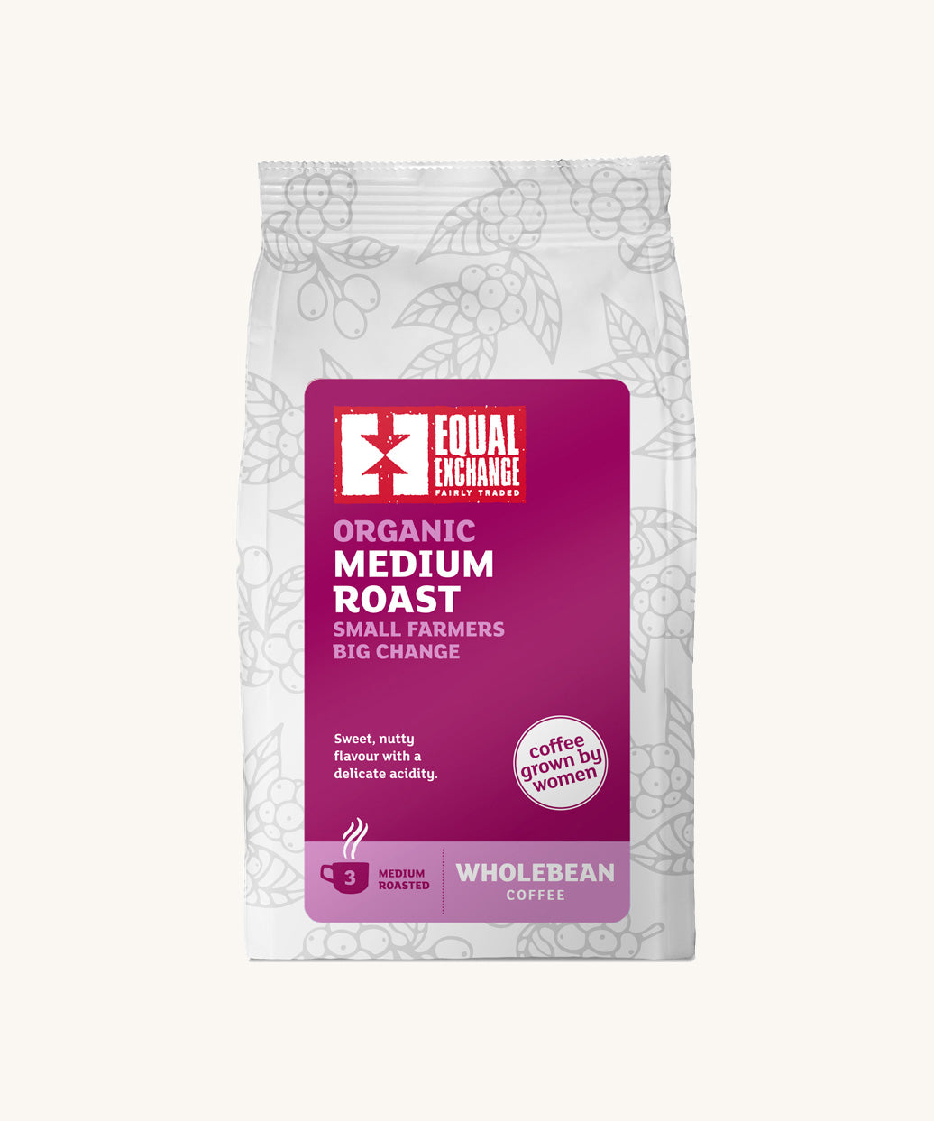 Equal Exchange organic and fairtrade medium roast coffee beans in a white bag.