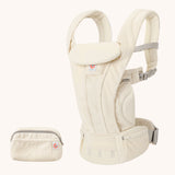 The Ergobaby Omni Deluxe Mesh baby carrier in Cloud White, with a handy detachable storage bag.