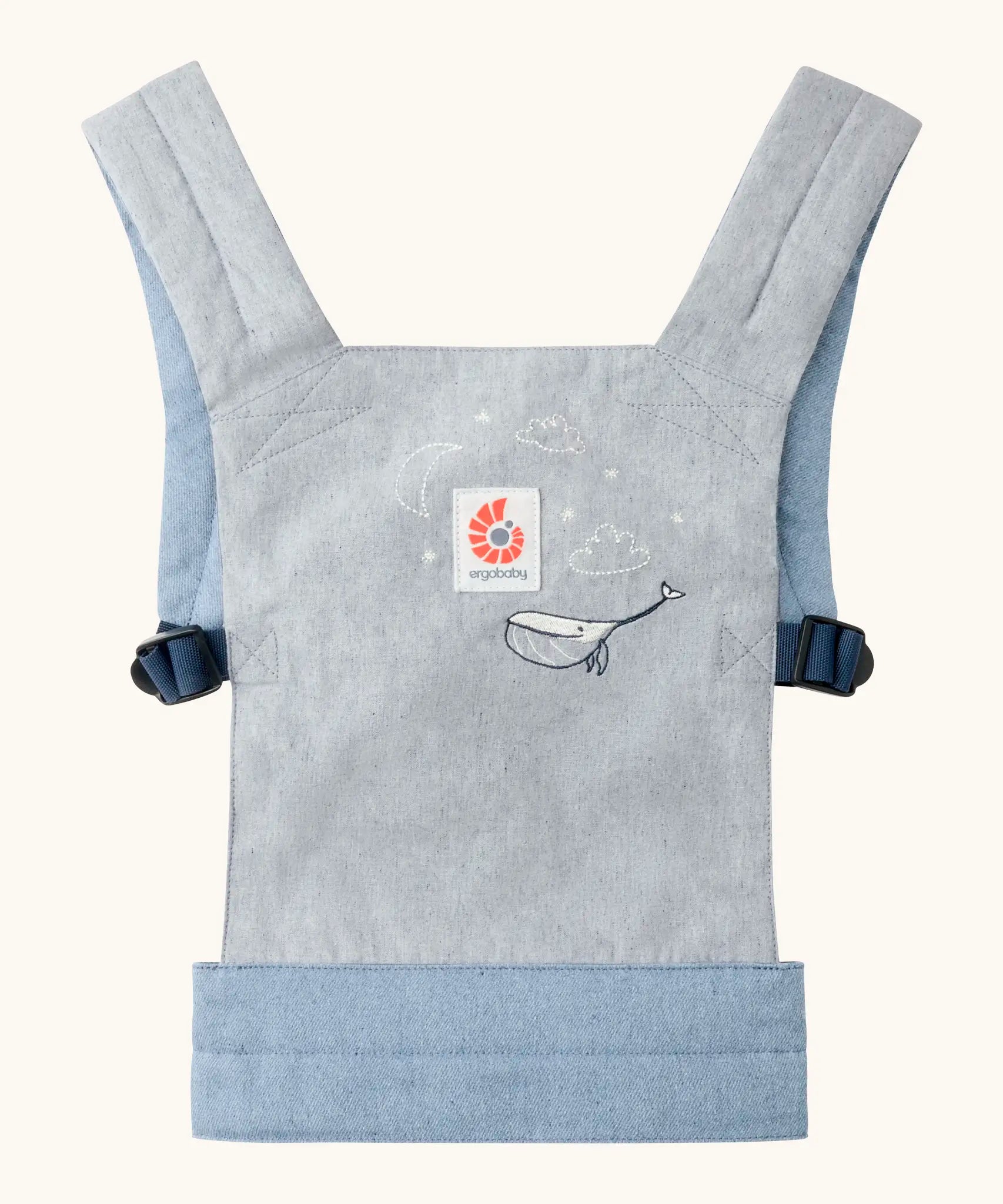Ergobaby toy carrier in denim dream with a cute whale embroidery on the front panel