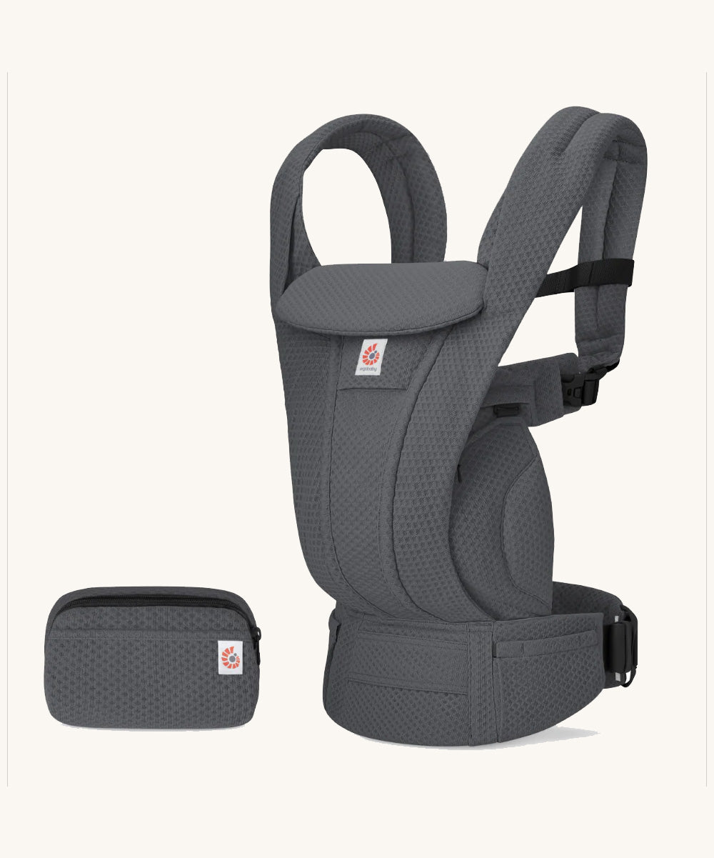 The Ergobaby Omni Deluxe Mesh baby carrier in Graphite Grey, with a handy detachable storage bag.