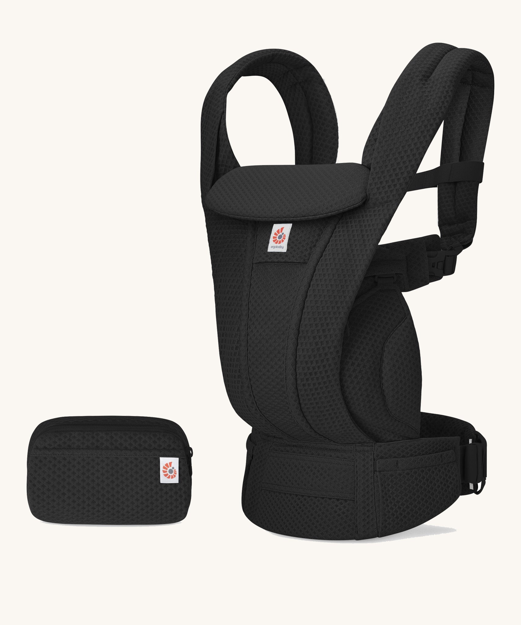 The Ergobaby Omni Deluxe Mesh baby carrier in Onyx Black, with a handy detachable storage bag.