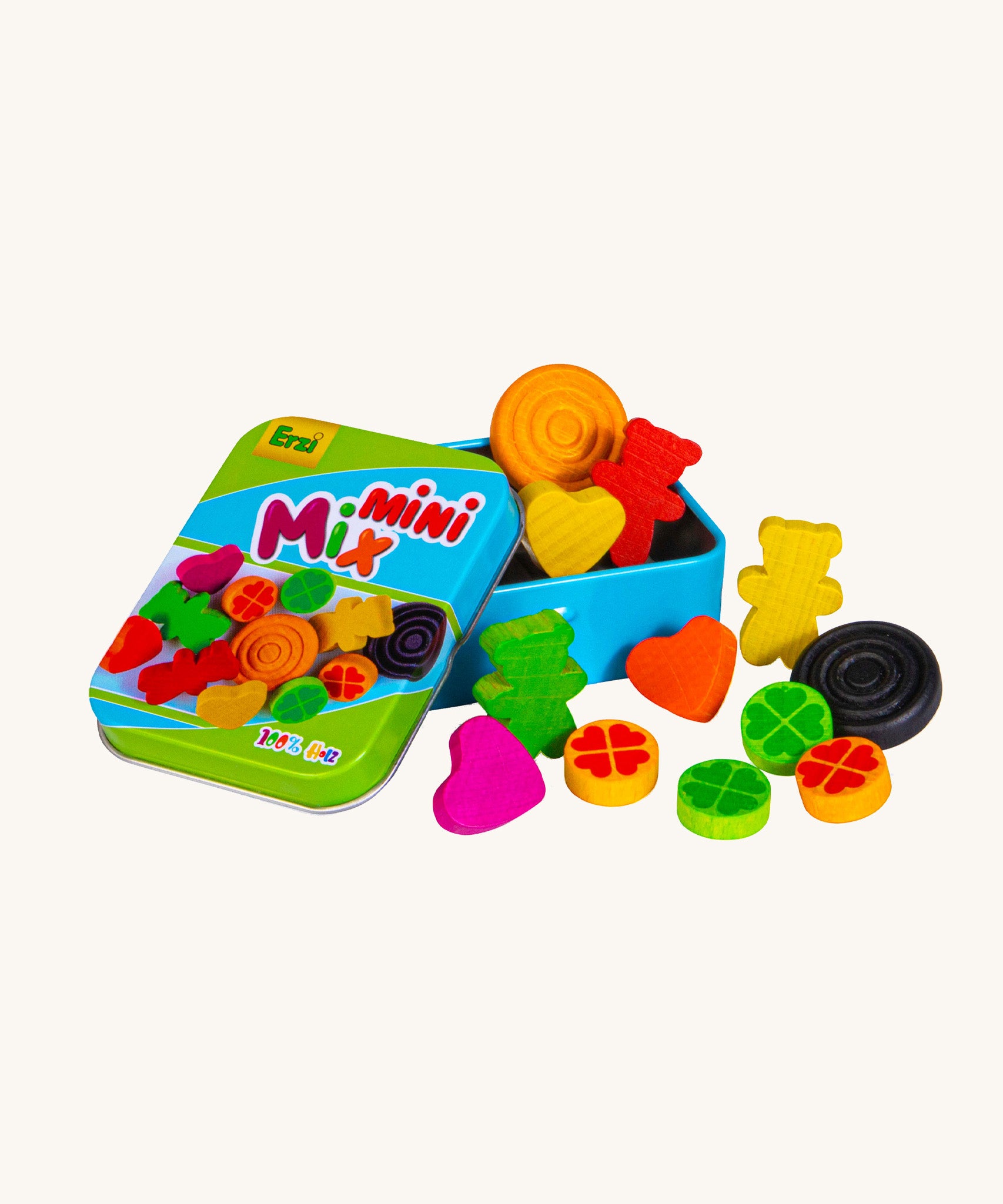 Erzi opened wooden jelly babies mix in a tin on a cream background.