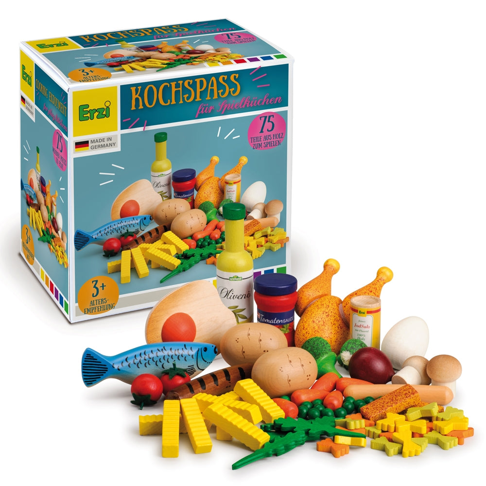 Erzi Cooking Fun Assortment Wooden Play Food Set displayed in front of its box, white background.