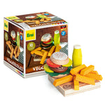 Erzi Veggie Burger Assortment Wooden Play Food Set with the box behind it on a plain background.