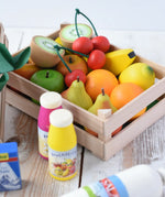 Erzi big wooden toy crate for fruit filled with wooden fruit play food including cherries, kiwis, bananas, apples, lemons and oranges.