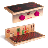 Both sides of the Erzi wooden play food Erzi Role Play Hotplate & Grill showing the hob and grill sides