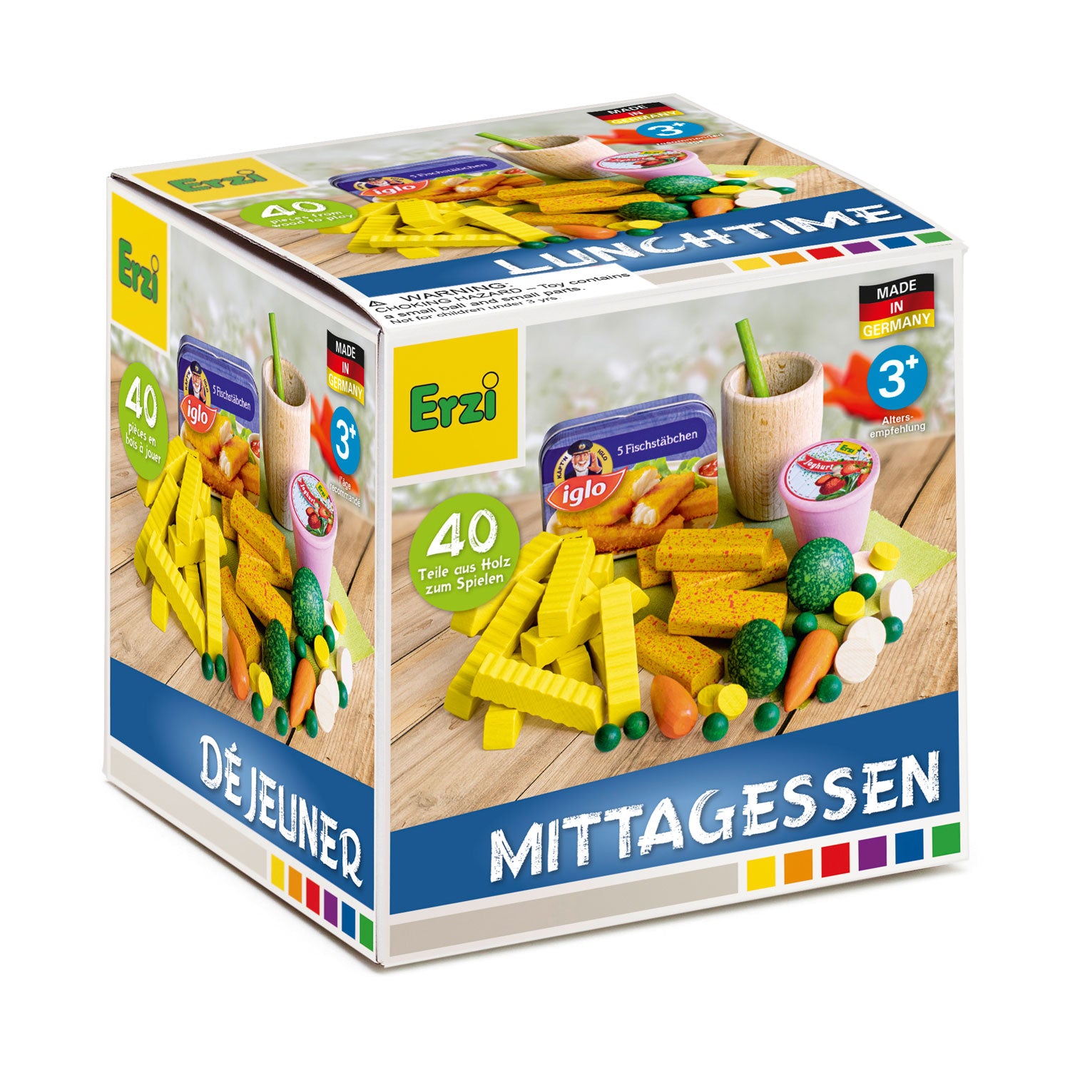 Erzi Lunchtime Assortment wooden toy play food set pictured in the box on a plain background