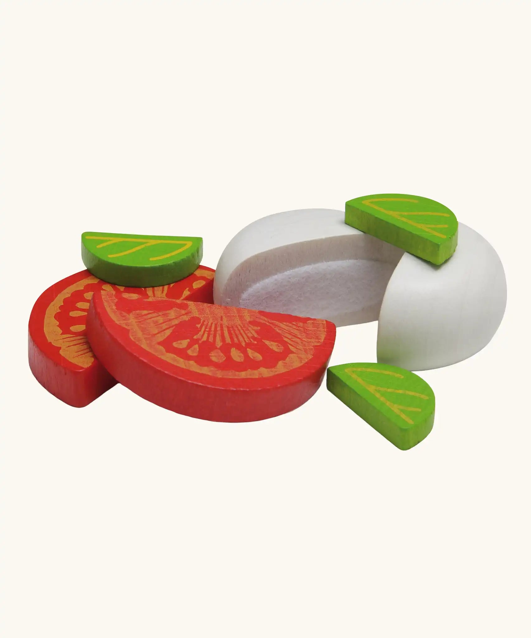 Erzi mozzarella and tomato wooden play food set that comes with two mozzarella piece that join together with velcro, two tomato halves and three basil leave. 