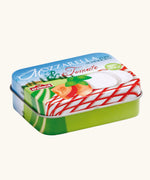 Erzi mozzarella and tomato wooden play food set metal storage tin.