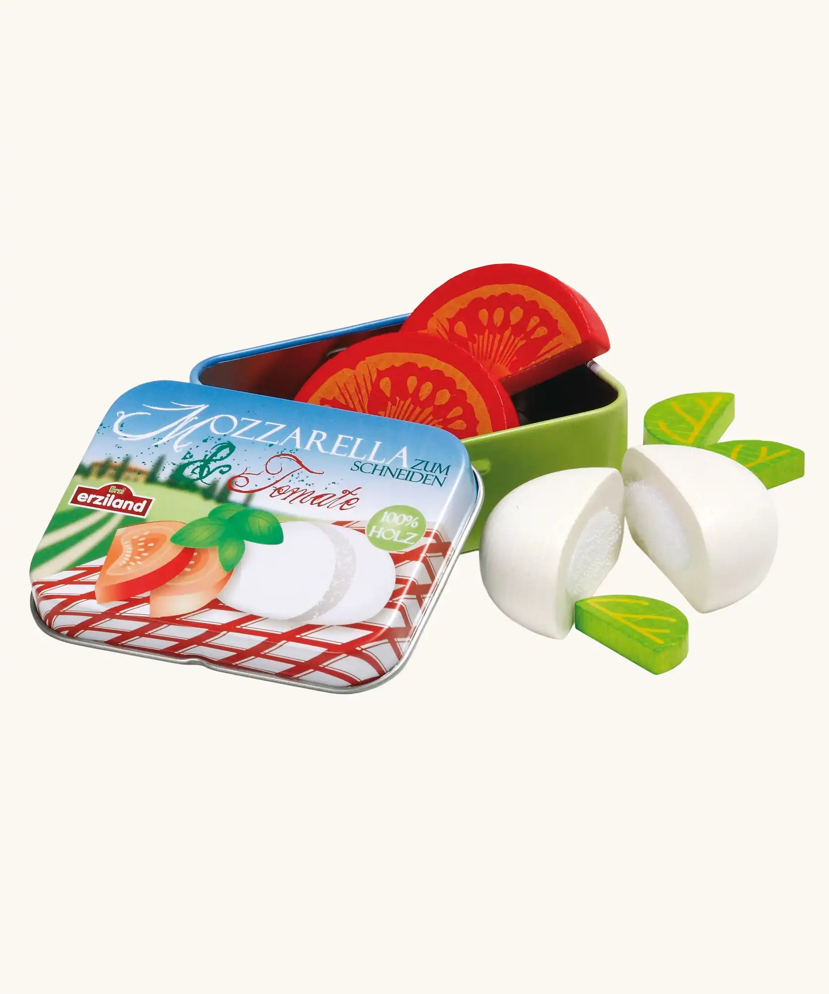 Erzi mozzarella and tomato wooden play food set shown with the lid taken off the metal storage tin.