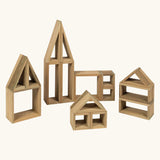 4 buildings built using various blocks from the Erzi Outdoor Building Blocks with 24 wooden pieces.
