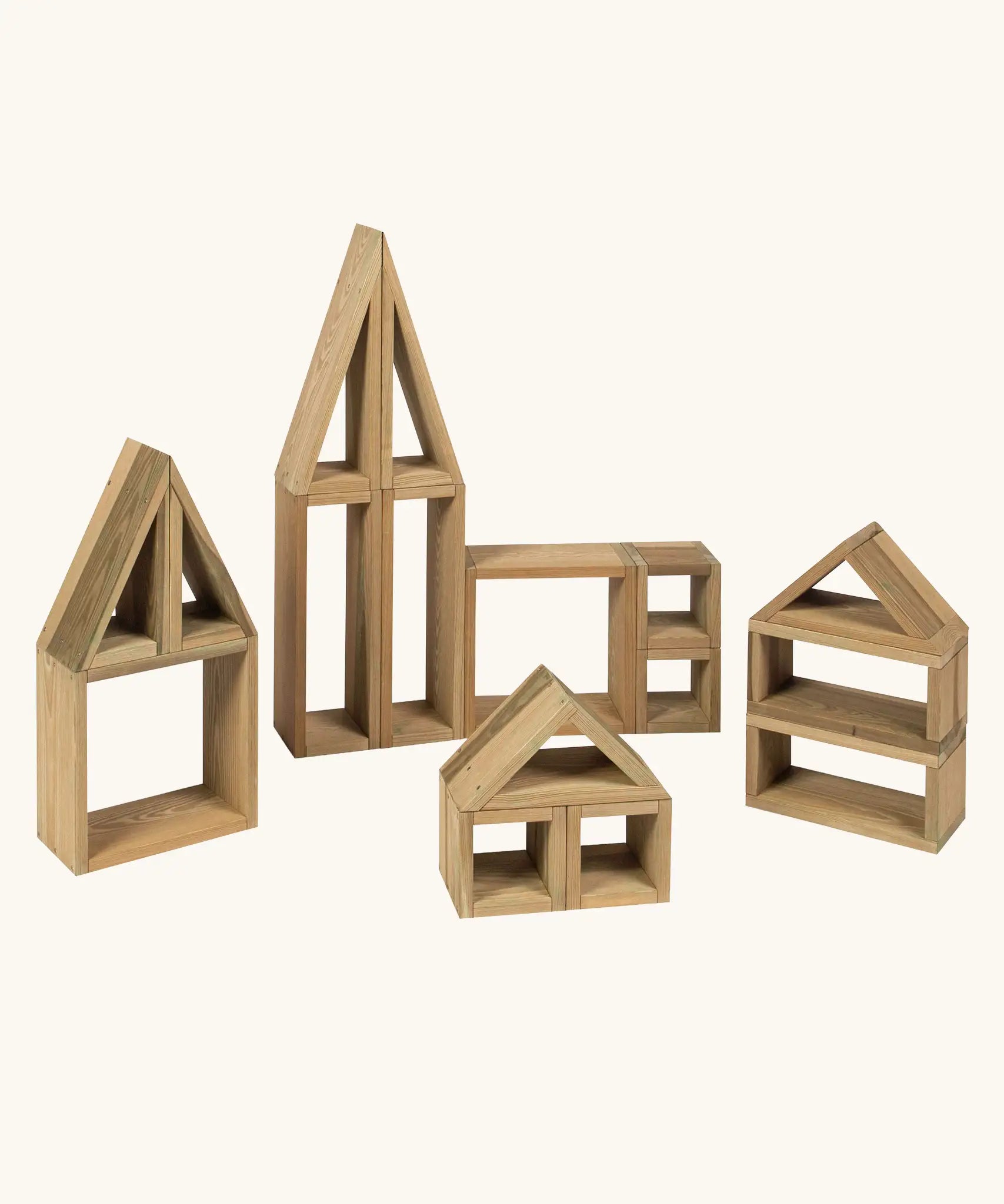 4 buildings built using various blocks from the Erzi Outdoor Building Blocks with 24 wooden pieces.