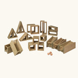 Erzi Outdoor Building Blocks with 24 wooden pieces. 21 building blocks, 3 wooden balls, 1 drawstring storage bag. 