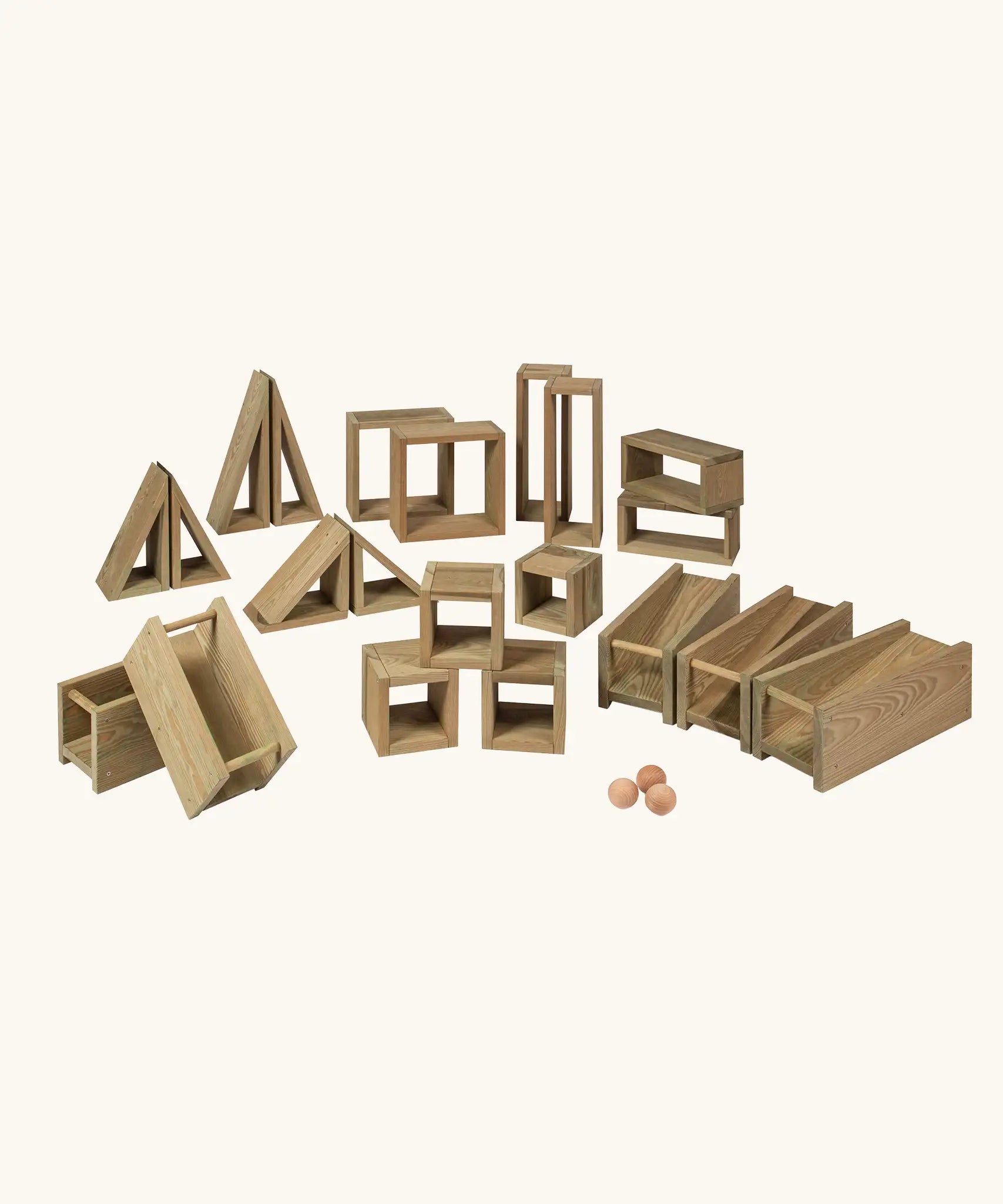 Erzi Outdoor Building Blocks with 24 wooden pieces. 21 building blocks, 3 wooden balls, 1 drawstring storage bag. 