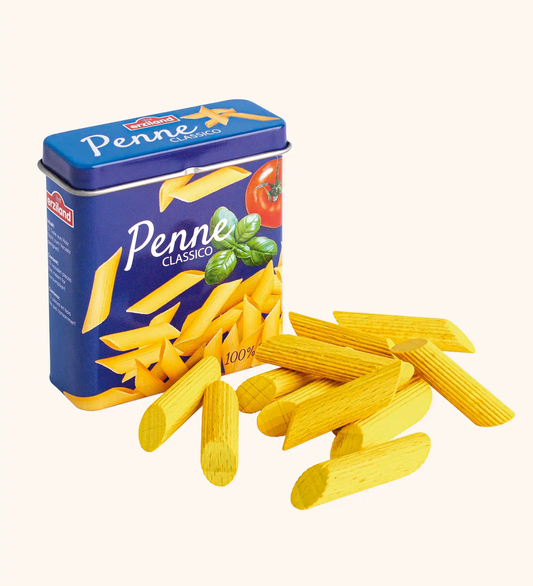 Erzi children's wooden play food penne pasta laid out next to the metal tin they come in.
