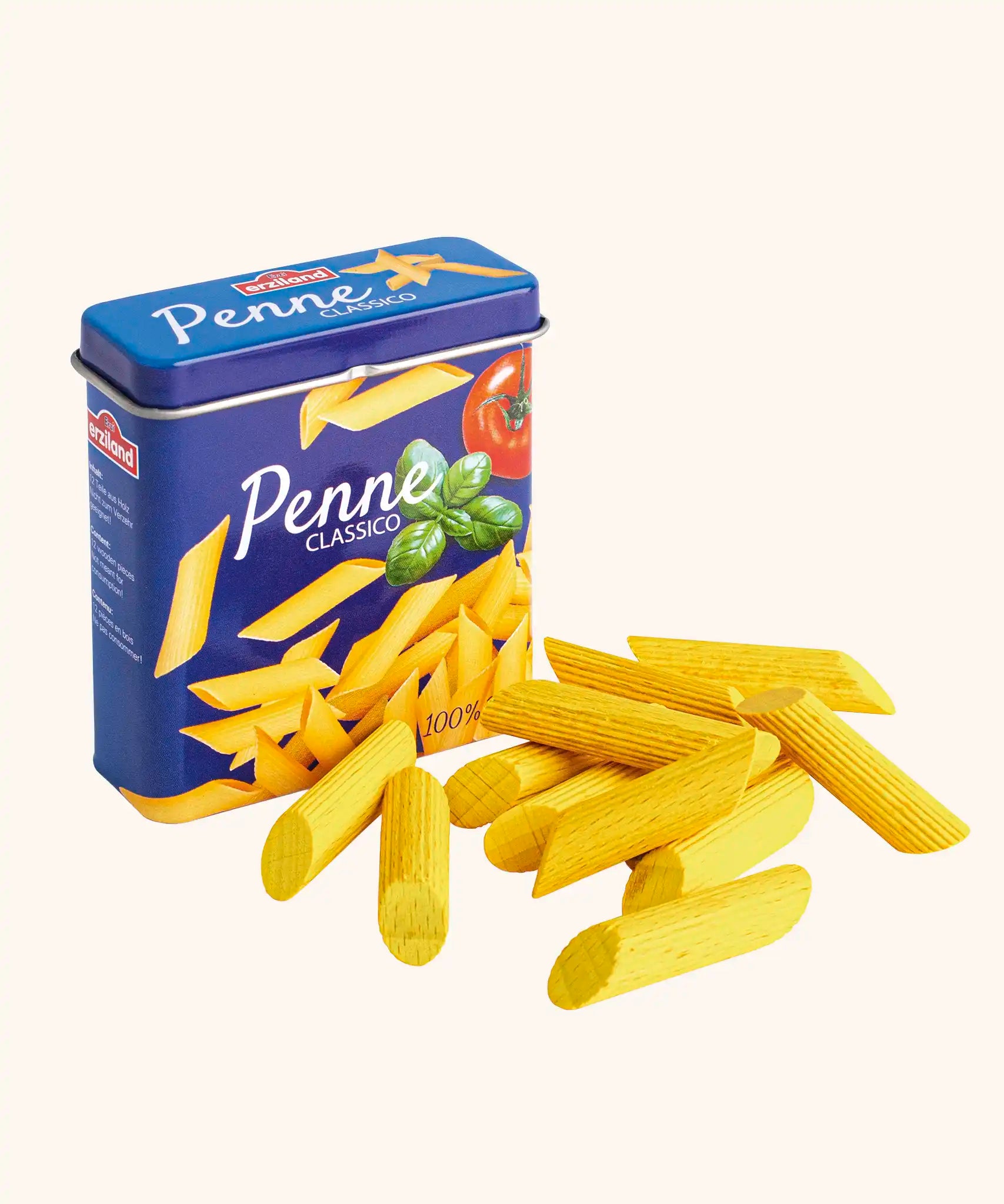 Erzi children's wooden play food penne pasta laid out next to the metal tin they come in.