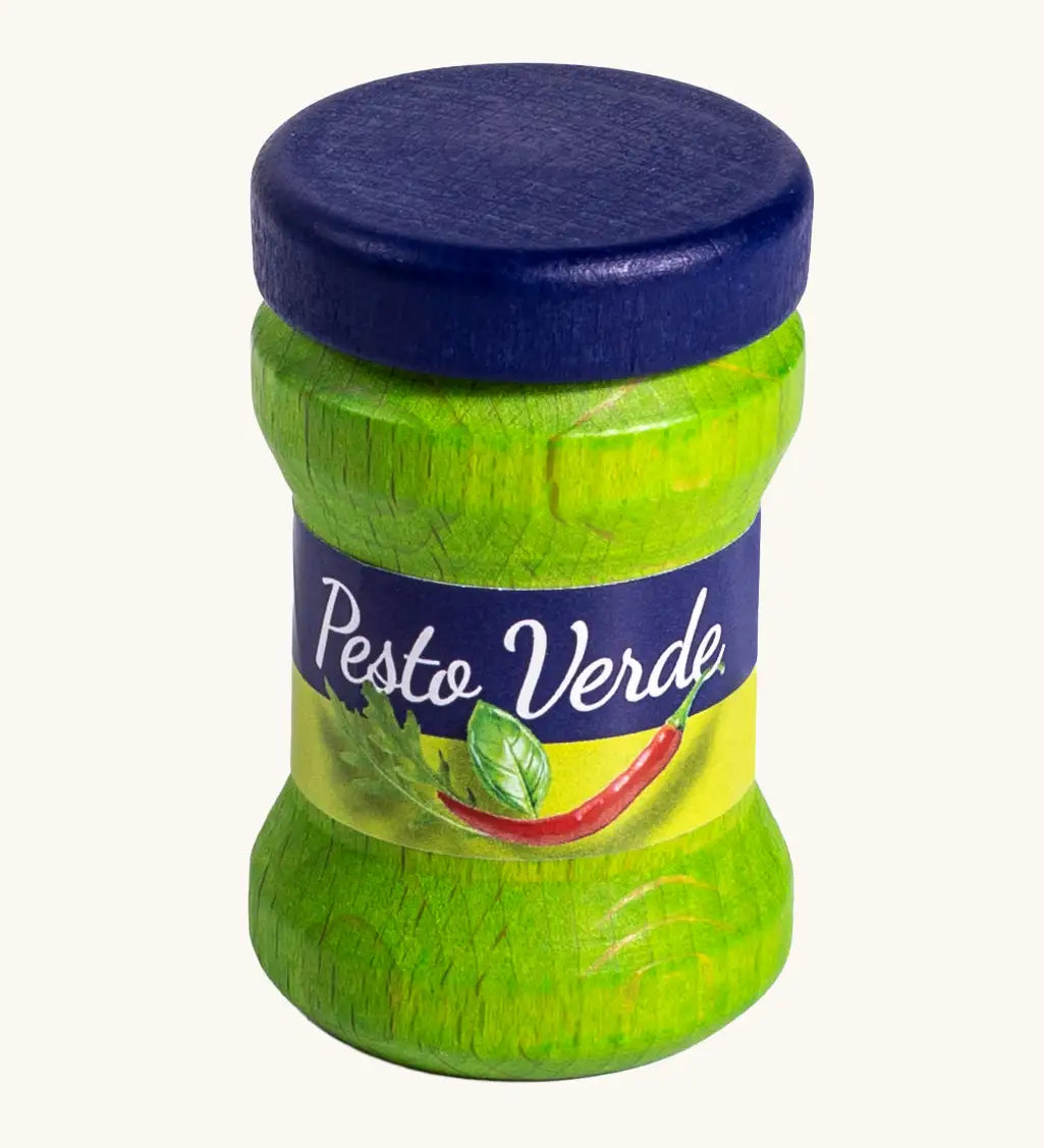 Erzi pesto verde wooden play food jar. Green jar with label and a blue lid.