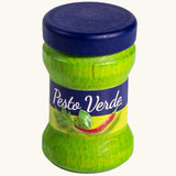 Erzi pesto verde wooden play food jar. Green jar with label and a blue lid.