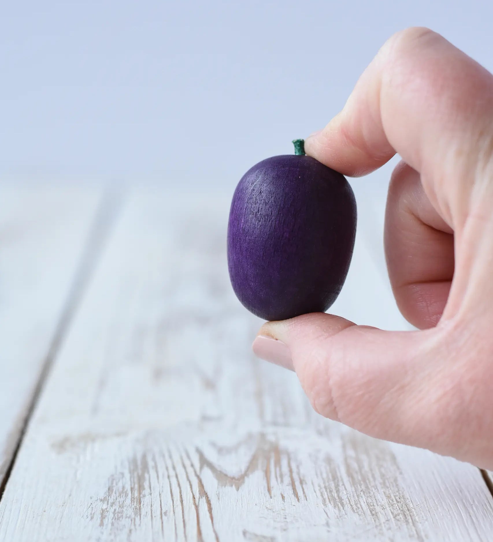 Erzi Plum Wooden Play Food in an adult's hand. Purple plum with a small green stock.