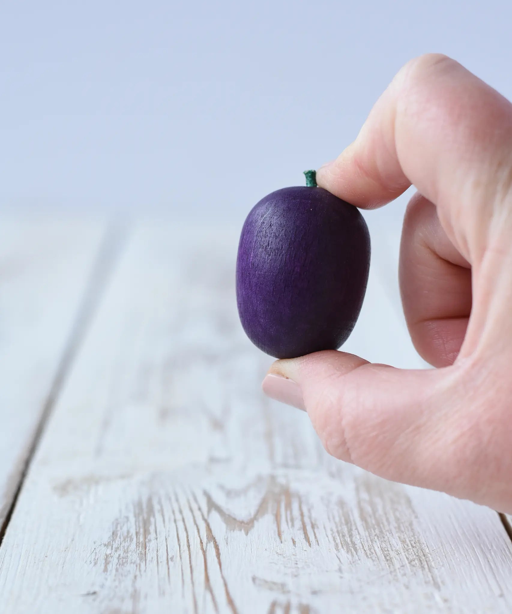 Erzi Plum Wooden Play Food in an adult's hand. Purple plum with a small green stock.