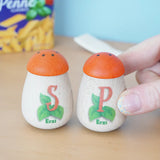 Erzi wooden play food salt and pepper shakers in the Babipur playroom. An adult's hand can be seen holding the pepper pot. 