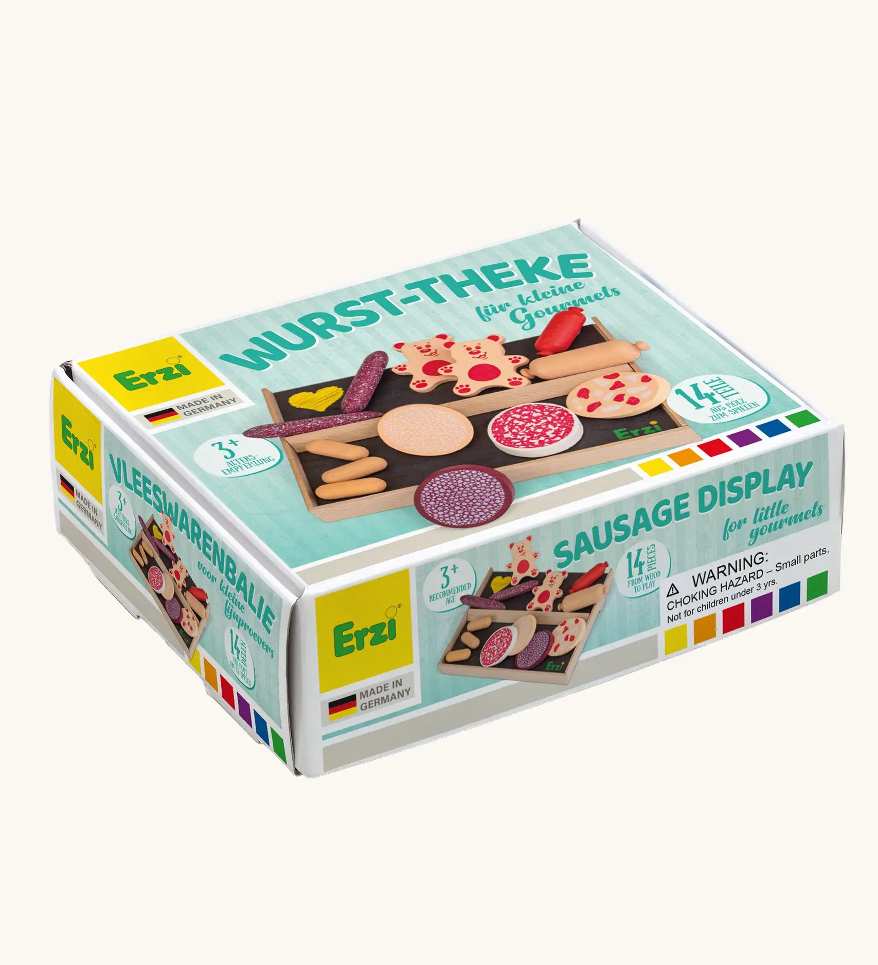 Erzi sausage counter display play food set in it's packaging box. 14 wooden pieces including a display counter
