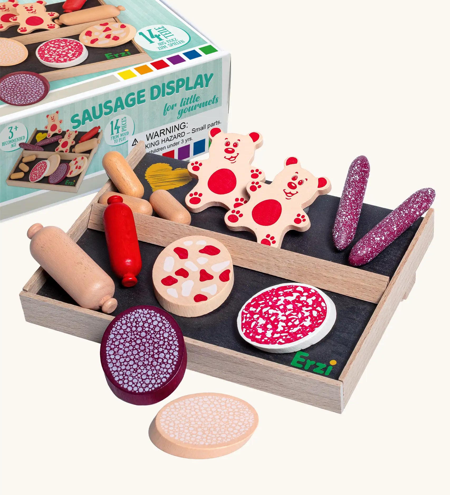 Erzi sausage counter display play food set. 14 wooden pieces, 1 display counter, 2 sausage bears, 2 salamis, 1 small spreadable sausage, 1 large spreadable sausage, 3 mini sausages and 4 slices of sausage. 