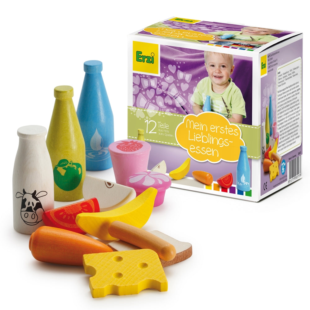 Erzi Shop Assortment 12 piece Wooden Play Food Set.