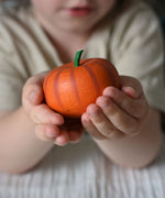 An Erxi wooden toy pumpkin in a child's hand. 