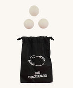 The Erzi White Wooden Marbles 30mm Beech Set  shown next to a small black drawstring storage bag that they come with. 