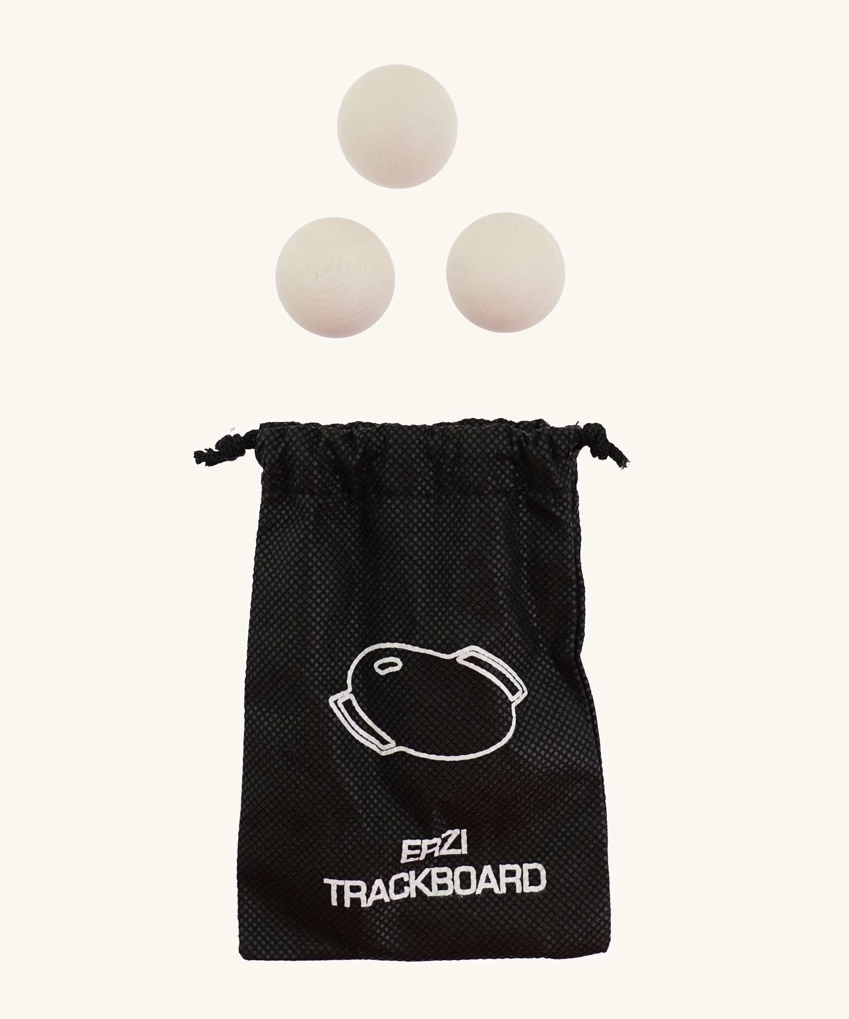 The Erzi White Wooden Marbles 30mm Beech Set  shown next to a small black drawstring storage bag that they come with. 