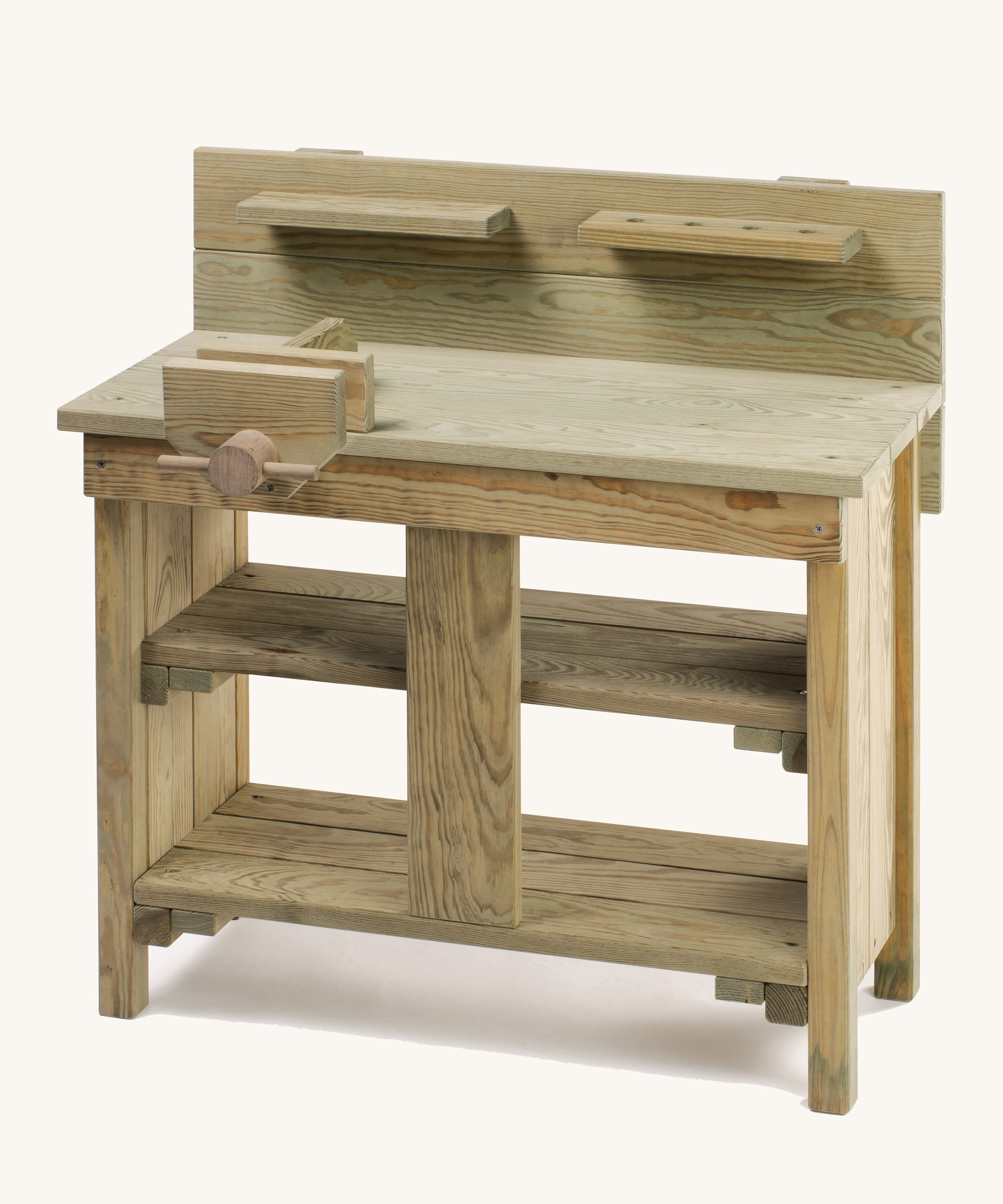The Erzi wooden outdoor workbench toy, with beautiful wood grain showing through, lots of shelves, and a vice.