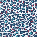 A closer look at the colourful red and light blue spotted print on the Etta Loves Extra Large Organic Cotton Baby Muslin Square - Blue Leopard