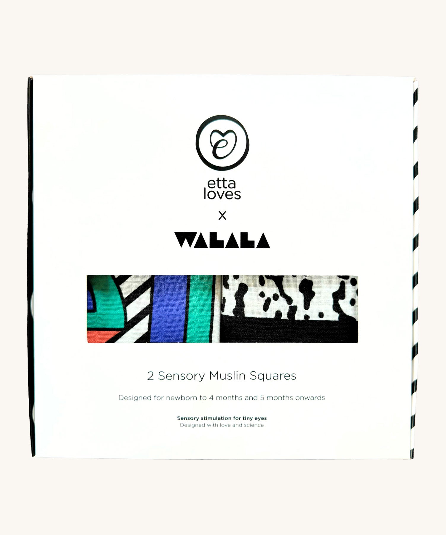 The Etta Loves x Camille Walala Muslin sensory squares shown in it's white box with brand name and logo the front. 