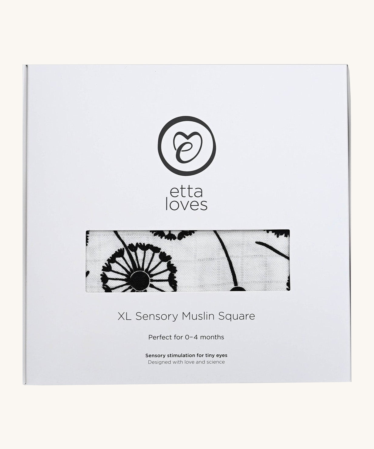 Etta loves dandelion XL muslin square showing in its white box with brand logo on the front