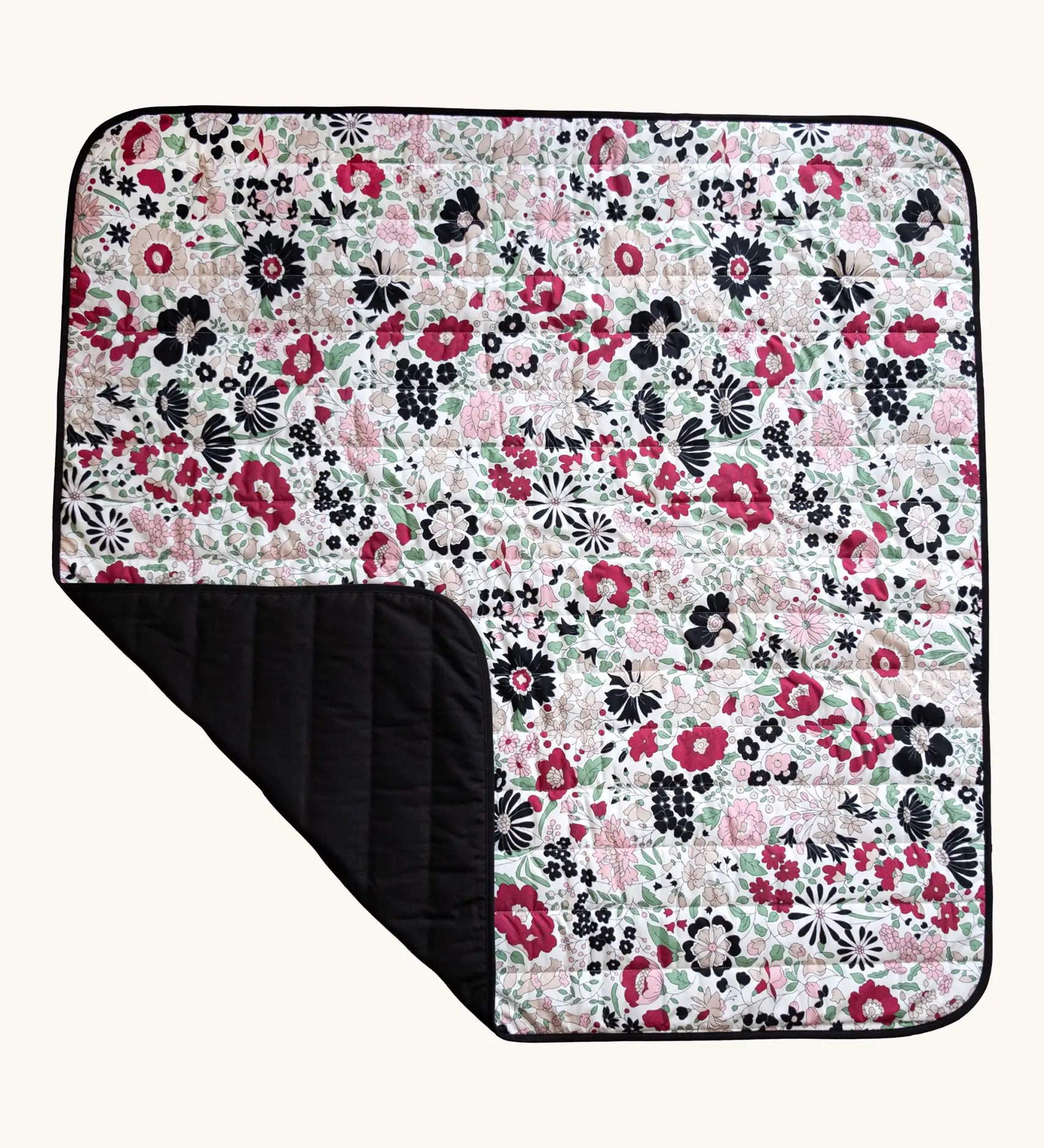 Etta Loves x Liberty organic cotton colourful sensory outdoor playmat showing a repeating floral design and a black reverse panel