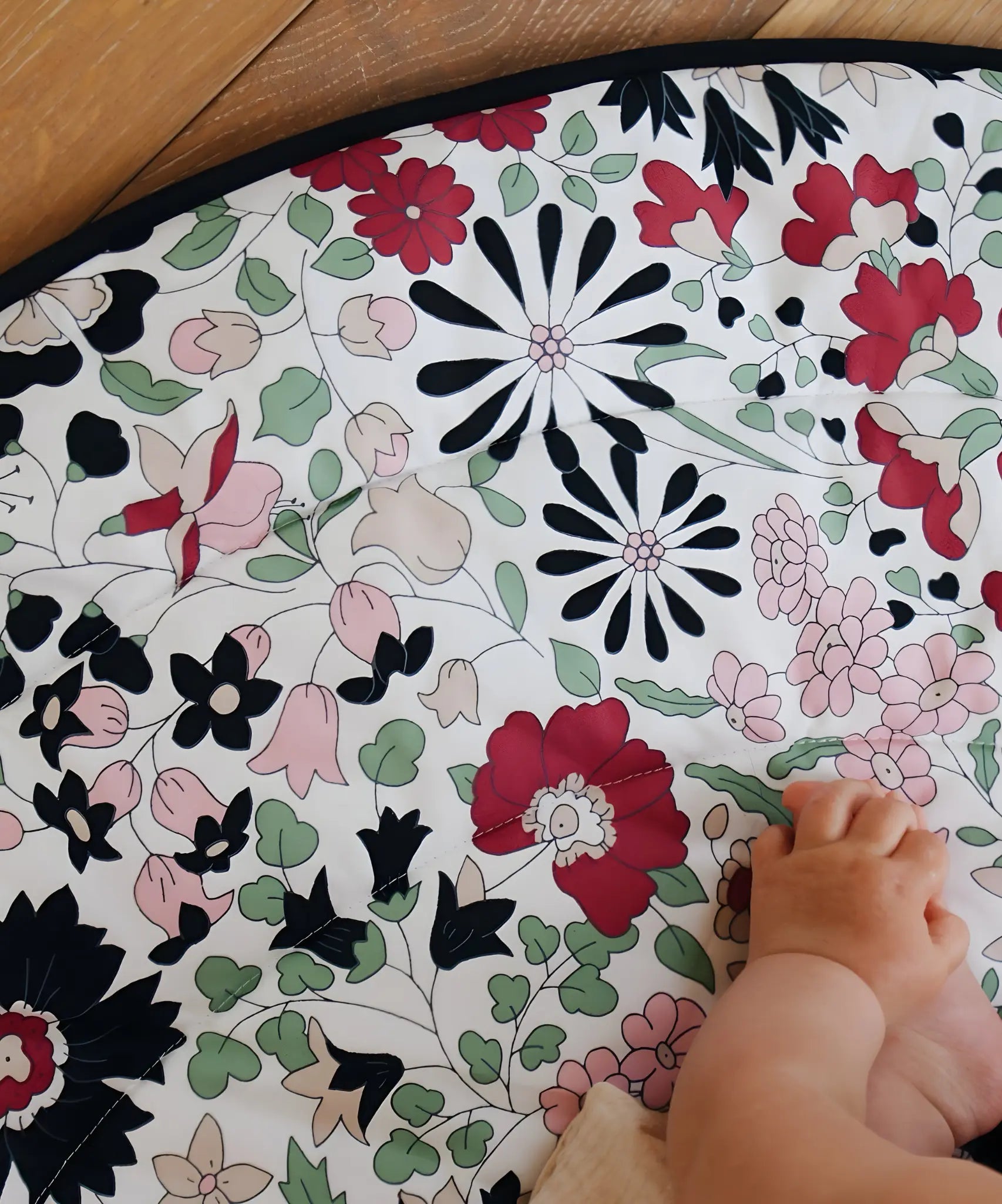 GOTS organic cotton reversible sensory playmat from Etta Loves in collaboration with Liberty showing close up of the Wharfedale Meadow design