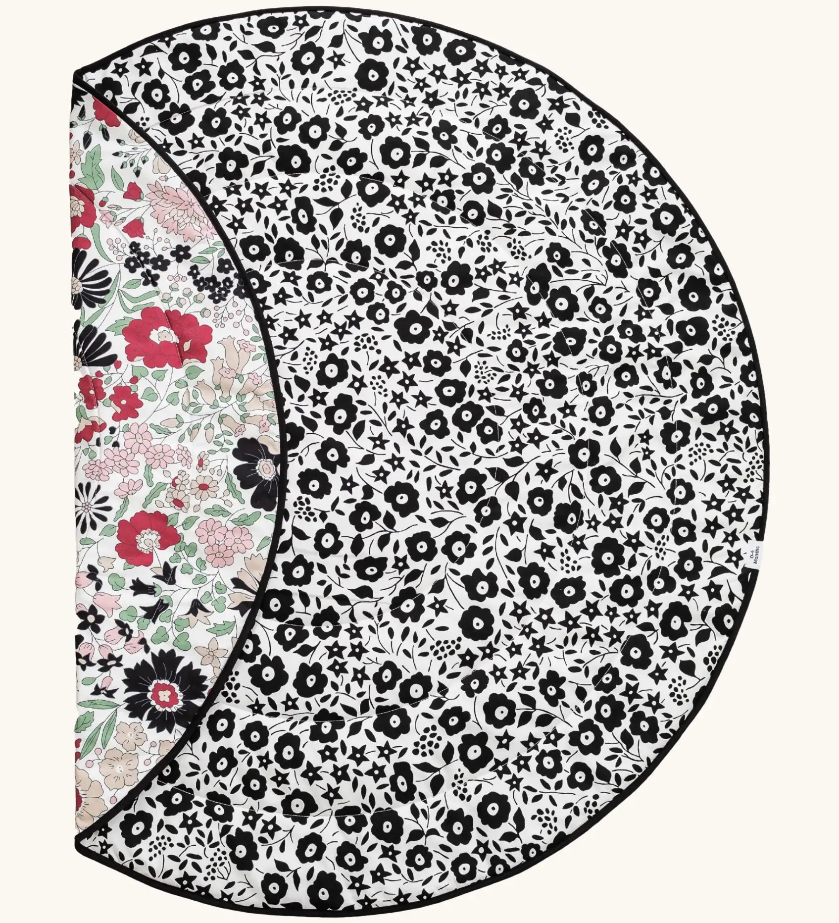 GOTS organic cotton reversible sensory playmat from Etta Loves in collaboration with Liberty. Fairford shadow on one side for birth to 4 months, Wharfedale Meadow on the other for 5 months onwards.

