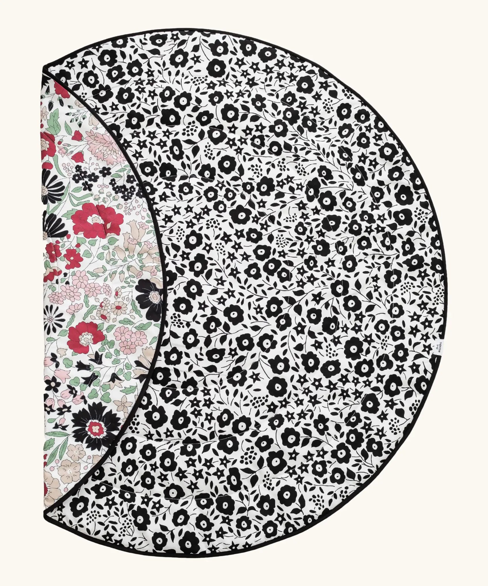 GOTS organic cotton reversible sensory playmat from Etta Loves in collaboration with Liberty. Fairford shadow on one side for birth to 4 months, Wharfedale Meadow on the other for 5 months onwards.

