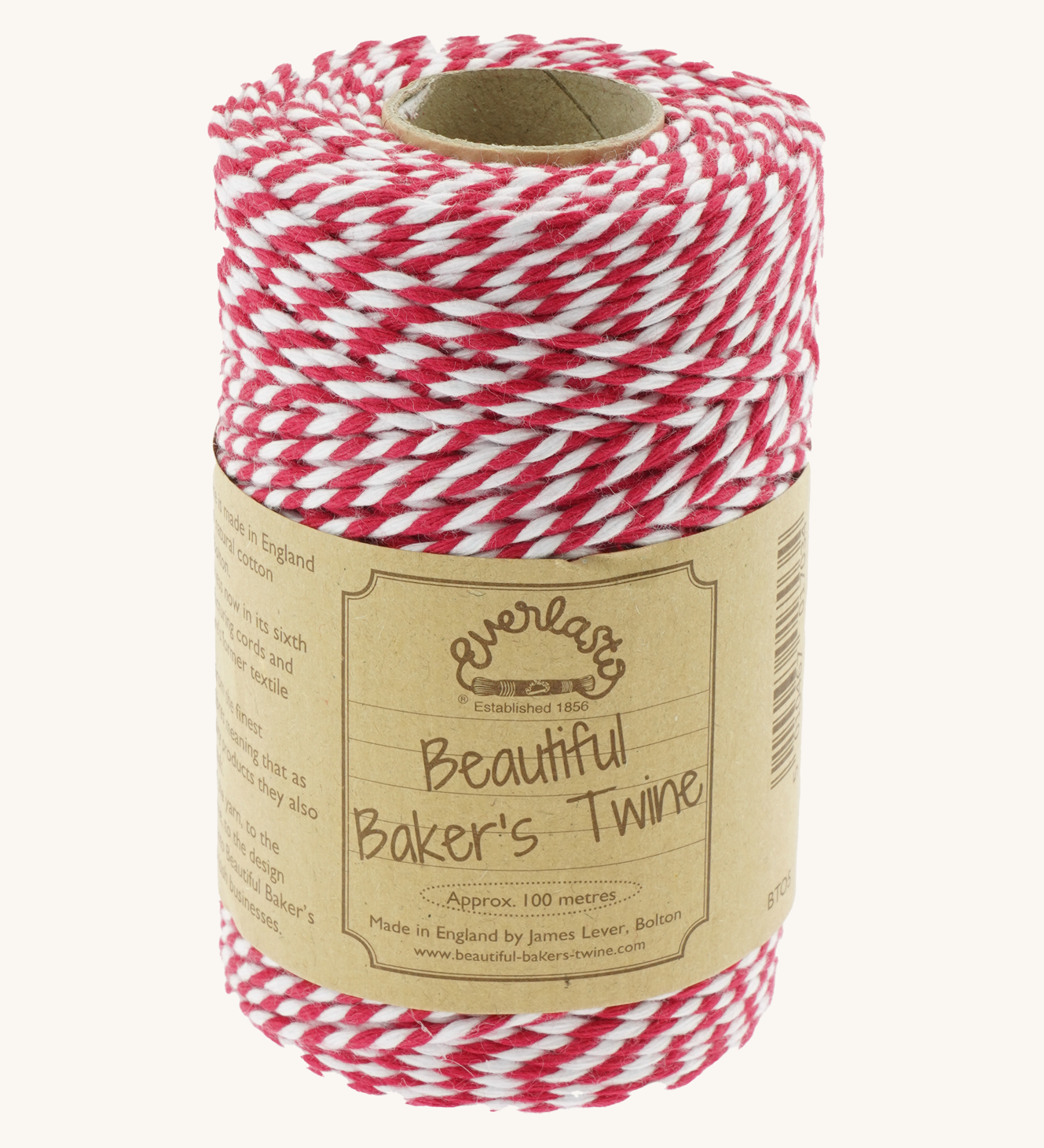 Spool of Everlasto Beautiful Baker’s Twine in red and white stripe with kraft paper label showing product details, made in Bolton by James Lever.