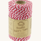 Spool of Everlasto Beautiful Baker’s Twine in red and white stripe with kraft paper label showing product details, made in Bolton by James Lever.