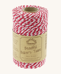 Spool of Everlasto Beautiful Baker’s Twine in red and white stripe with kraft paper label showing product details, made in Bolton by James Lever.