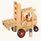 Fagus sustainably sourced wooden forklift vehicle toy with two peg dolls.