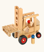 Fagus sustainably sourced wooden forklift vehicle toy with two peg dolls.
