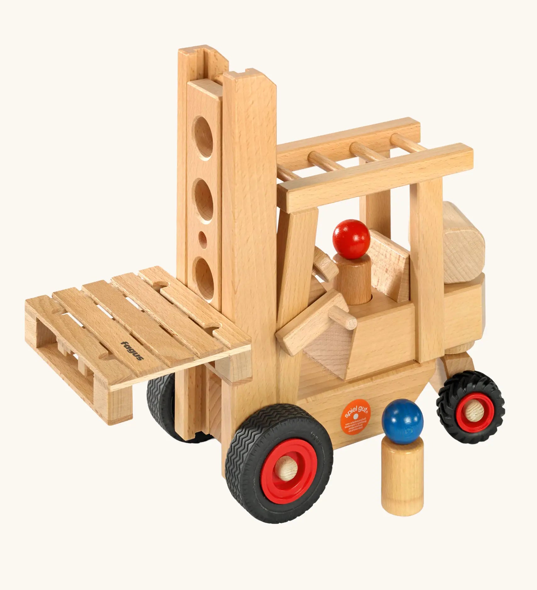 Fagus sustainably sourced wooden forklift vehicle toy with two peg dolls.