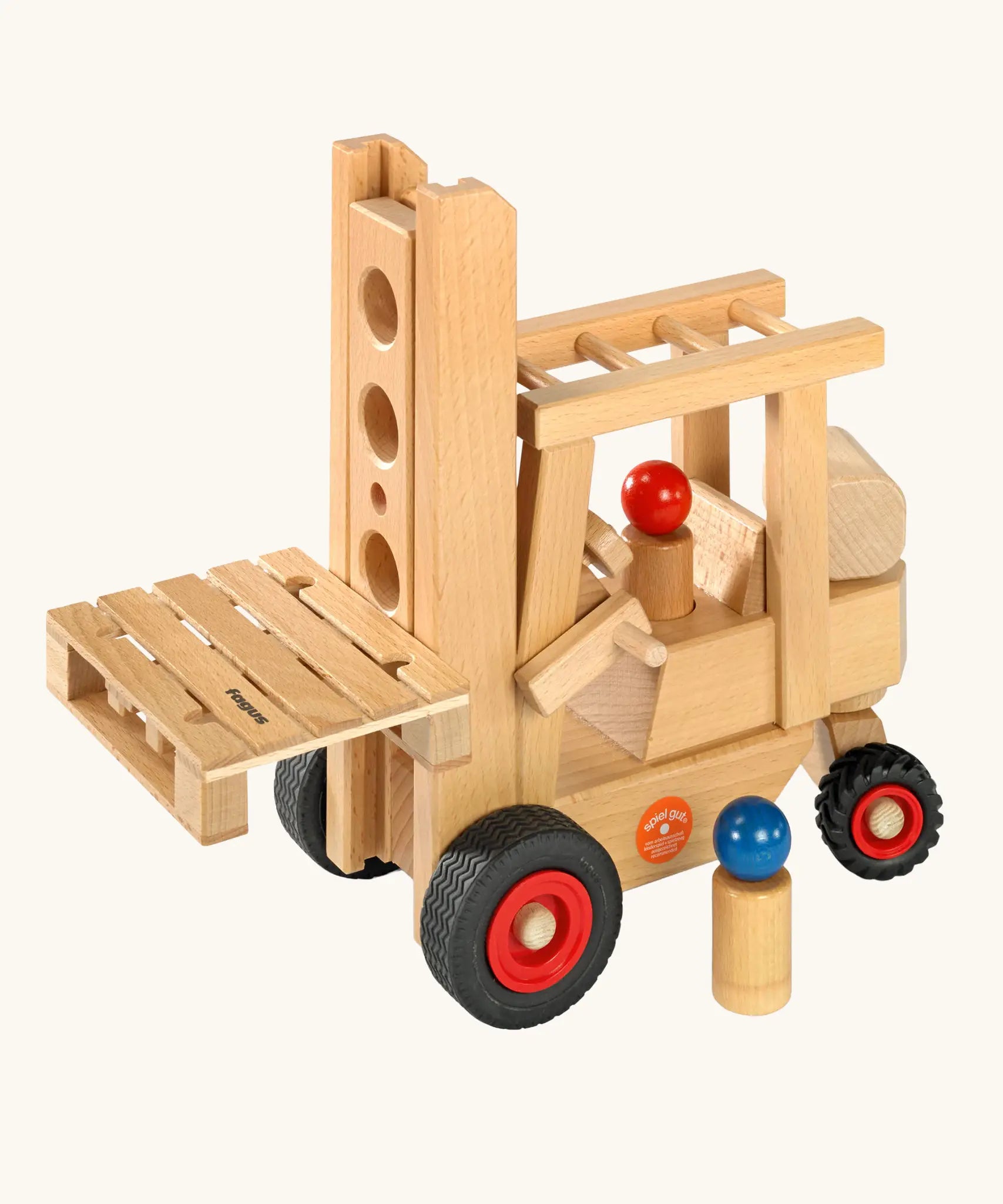 Fagus sustainably sourced wooden forklift vehicle toy with two peg dolls.