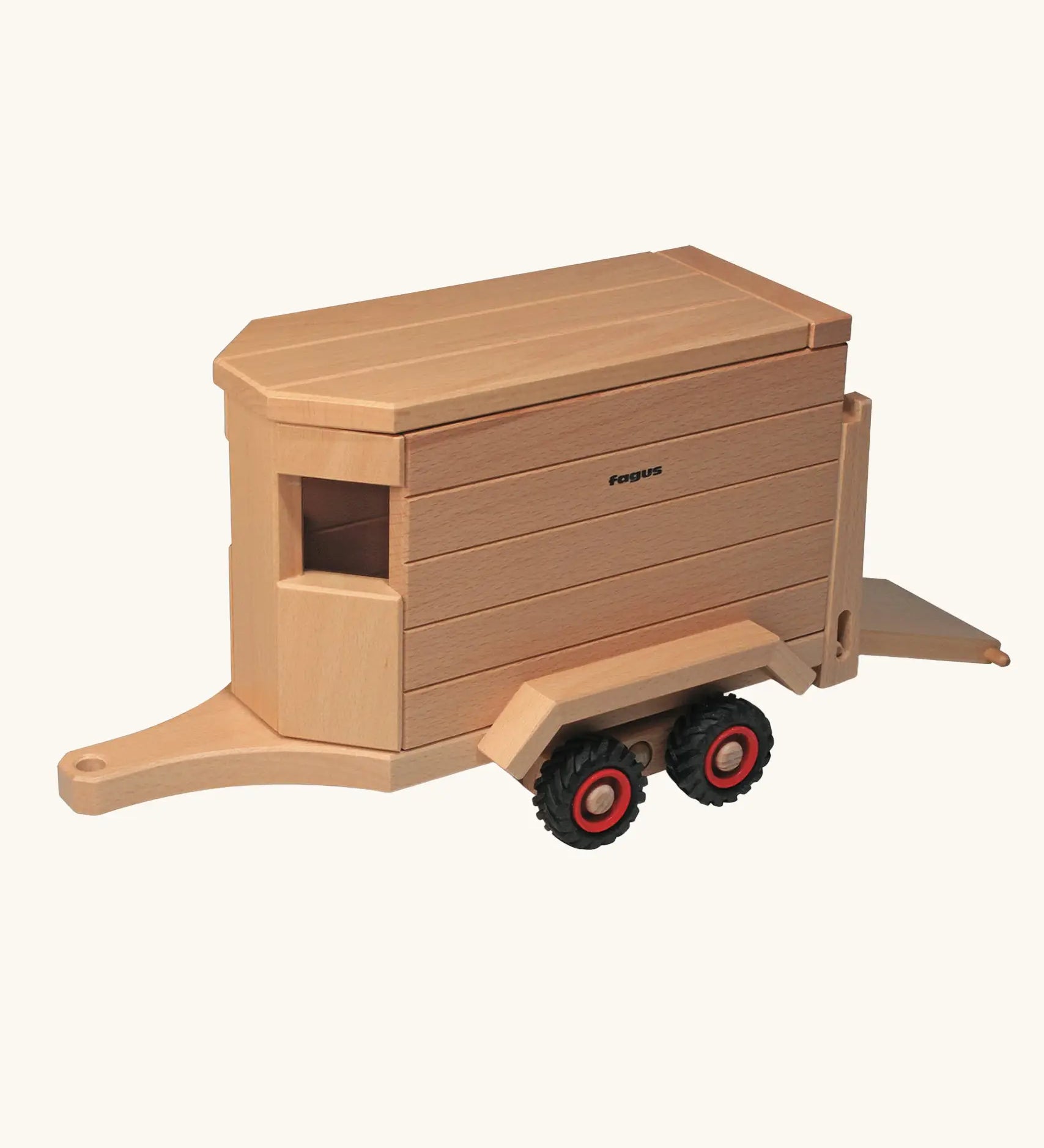 Fagus handmade wooden horse box toy that hitches onto the Fagus Old Tractor, Modern Tractor, Jeep, Skip Truck, Container Tipper Lorry and the Dumper Truck.