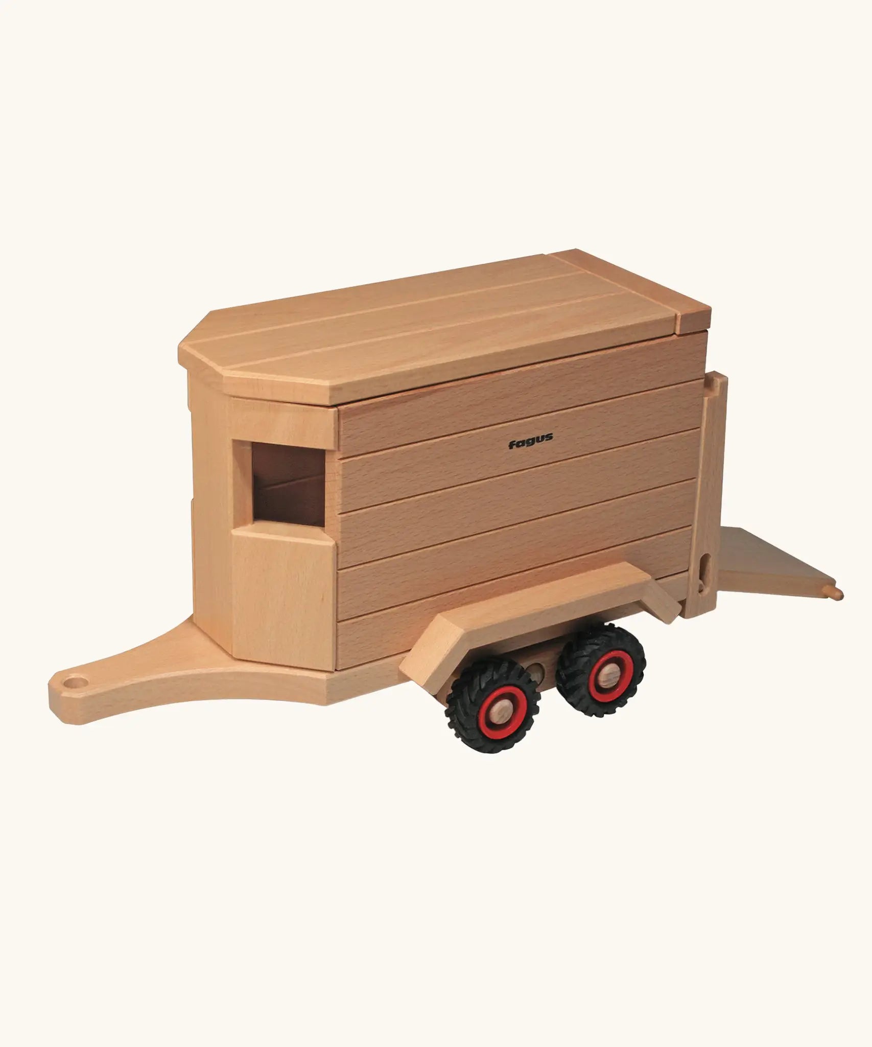 Fagus handmade wooden horse box toy that hitches onto the Fagus Old Tractor, Modern Tractor, Jeep, Skip Truck, Container Tipper Lorry and the Dumper Truck.