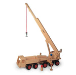 Fagus eco-friendly wooden mobile crane toy on a white background with its crane raised