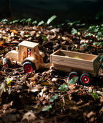 Fagus wooden trailer hitched onto a tractor, with the trailer filled with conkers.